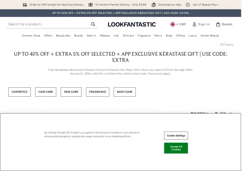 Schermata della pagina offerta di Look Fantastic