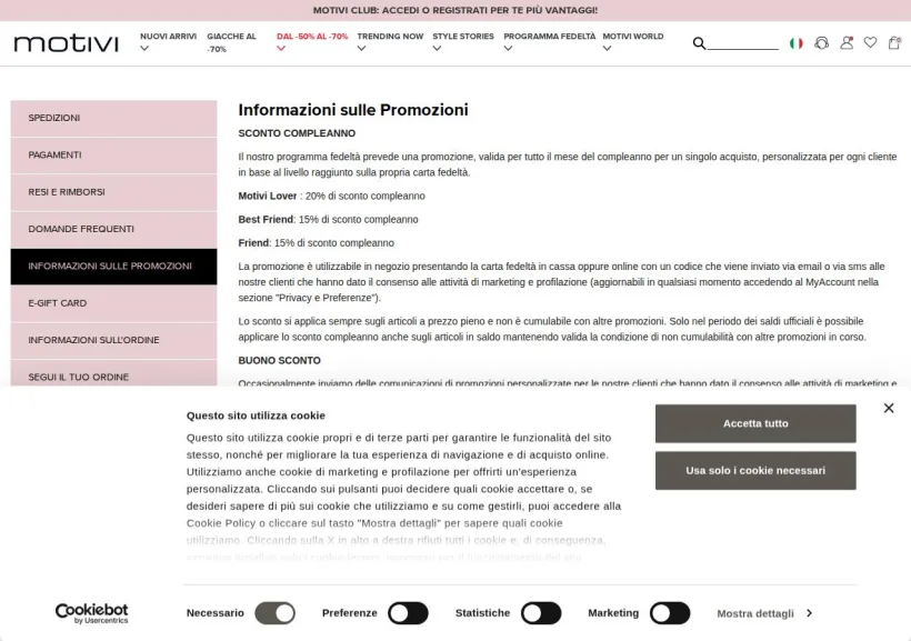 Schermata della pagina offerta di Motivi