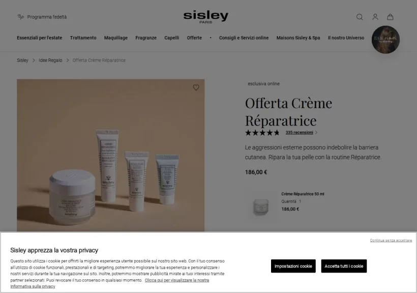 Schermata della pagina offerta di Sisley Paris