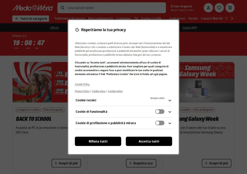 Schermata della pagina offerta di Mediaworld