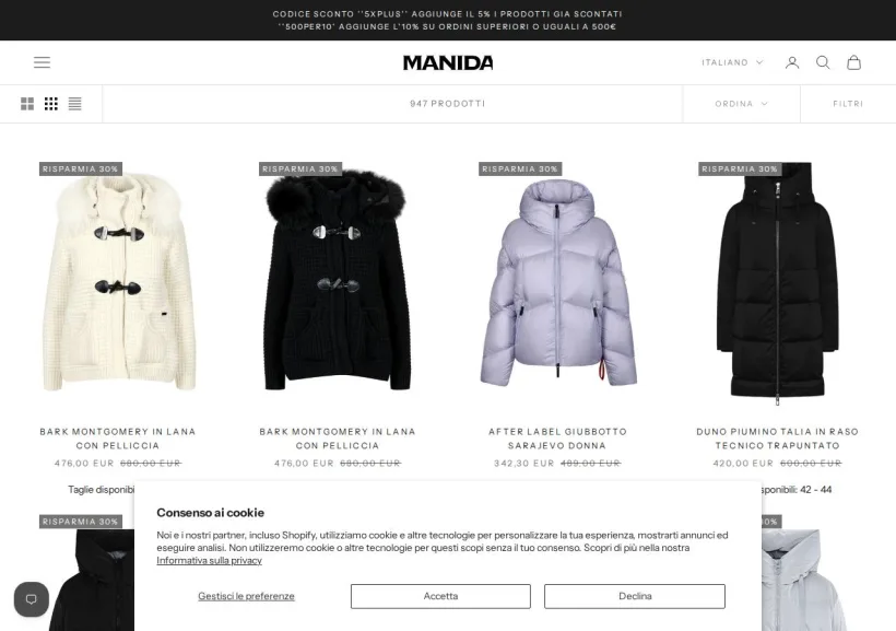 Schermata della pagina offerta di Manida