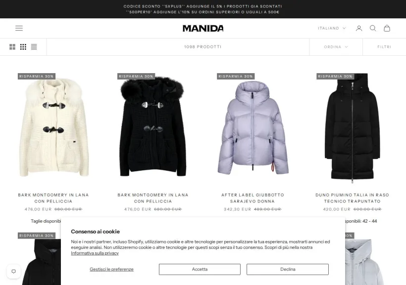 Schermata della pagina offerta di Manida