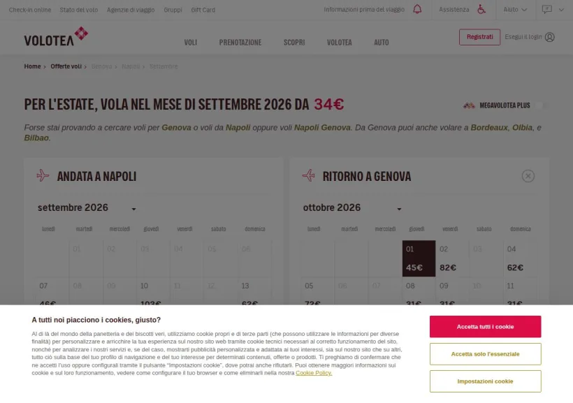 Schermata della pagina offerta di Volotea