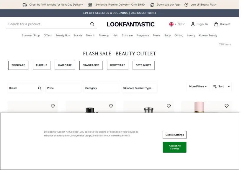 Schermata della pagina offerta di Look Fantastic