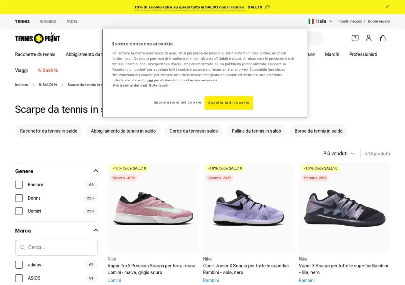 Schermata della pagina offerta di Tennis Point