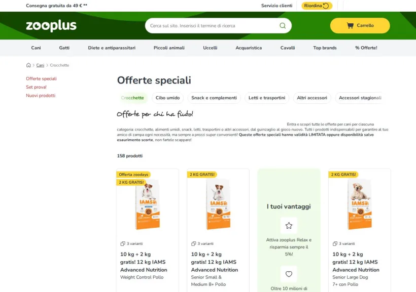 Schermata della pagina offerta di Zooplus