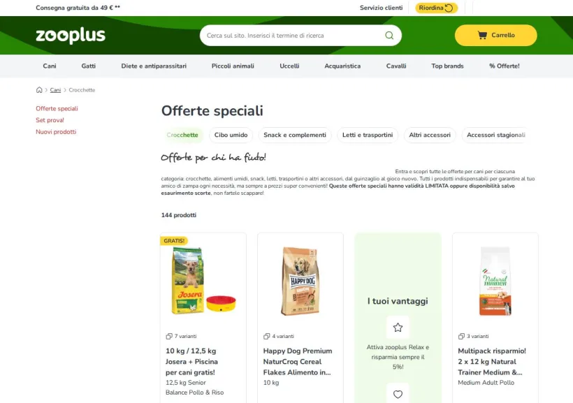 Schermata della pagina offerta di Zooplus