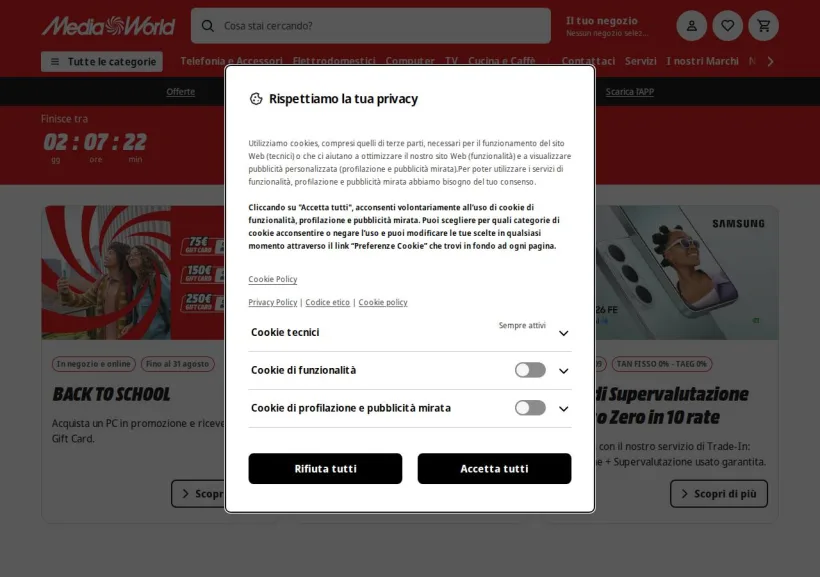 Schermata della pagina offerta di Mediaworld