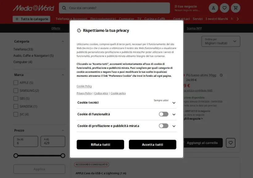 Schermata della pagina offerta di Mediaworld