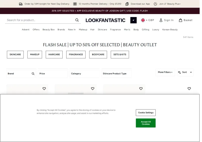 Schermata della pagina offerta di Look Fantastic