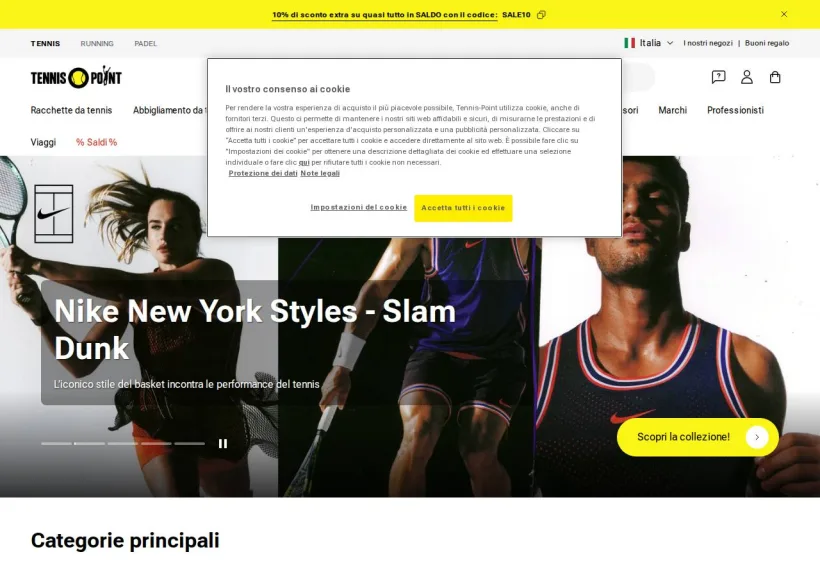 Schermata della pagina offerta di Tennis Point