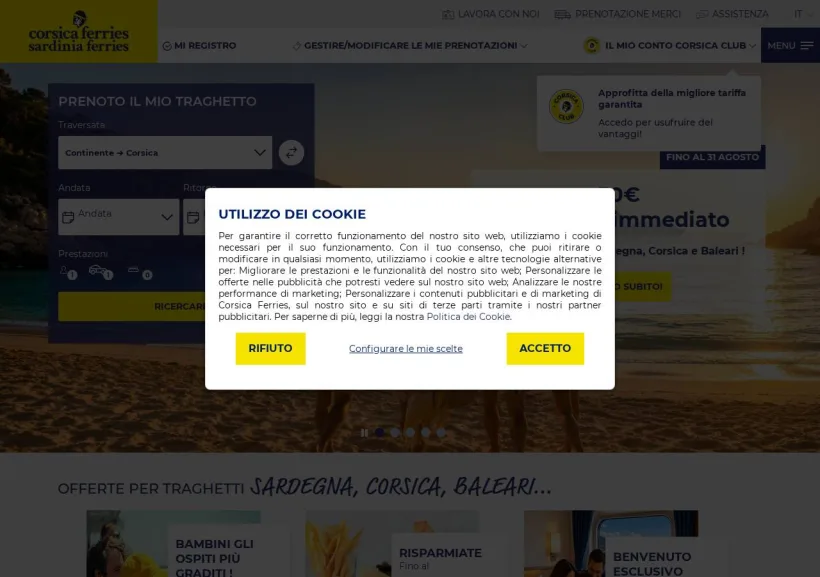 Schermata della pagina offerta di Corsica Ferries