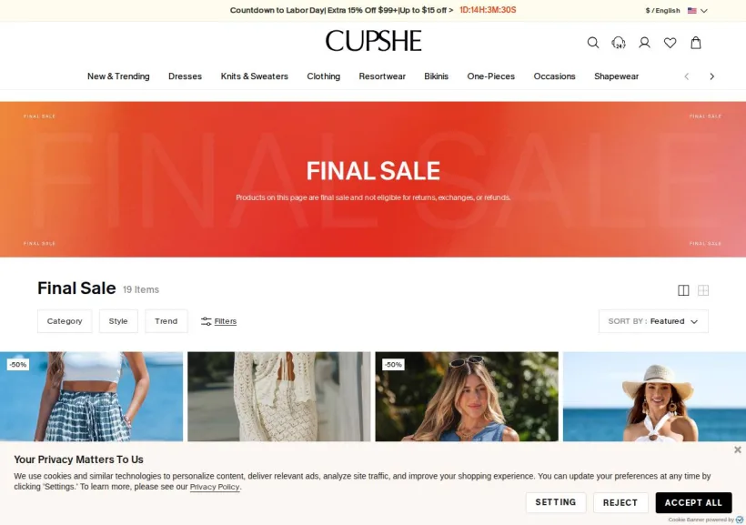 Schermata della pagina offerta di Cupshe