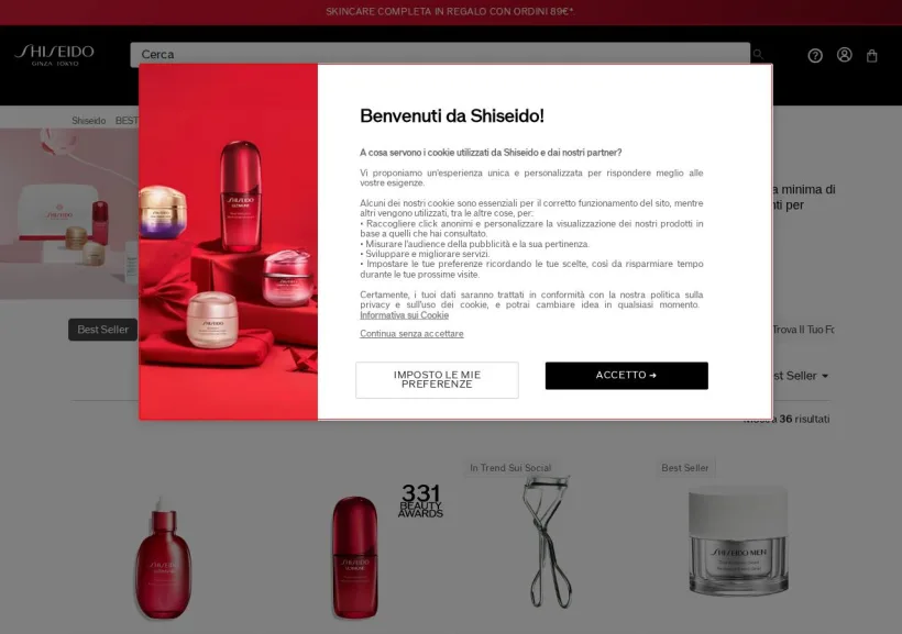 Schermata della pagina offerta di Shiseido