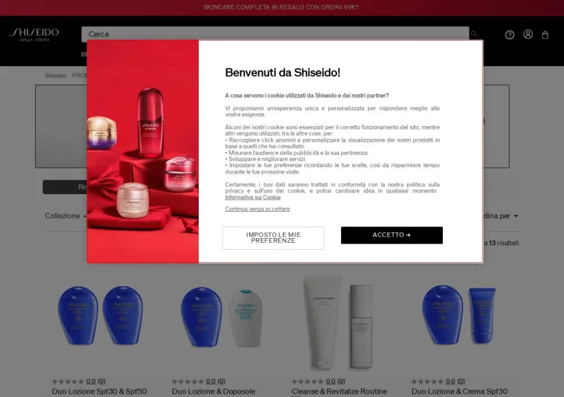 Schermata della pagina offerta di Shiseido