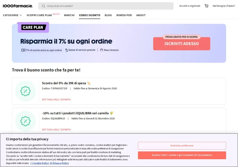 Schermata della pagina offerta di 1000Farmacie
