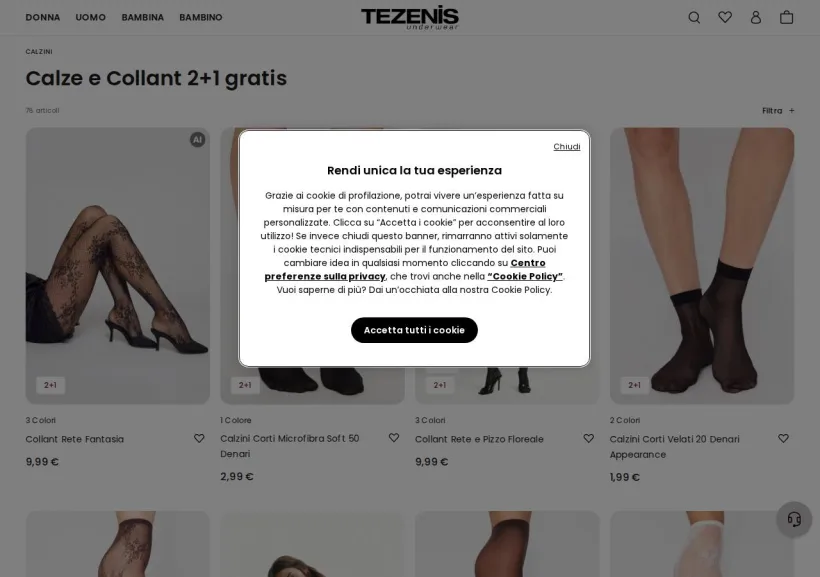Schermata della pagina offerta di Tezenis