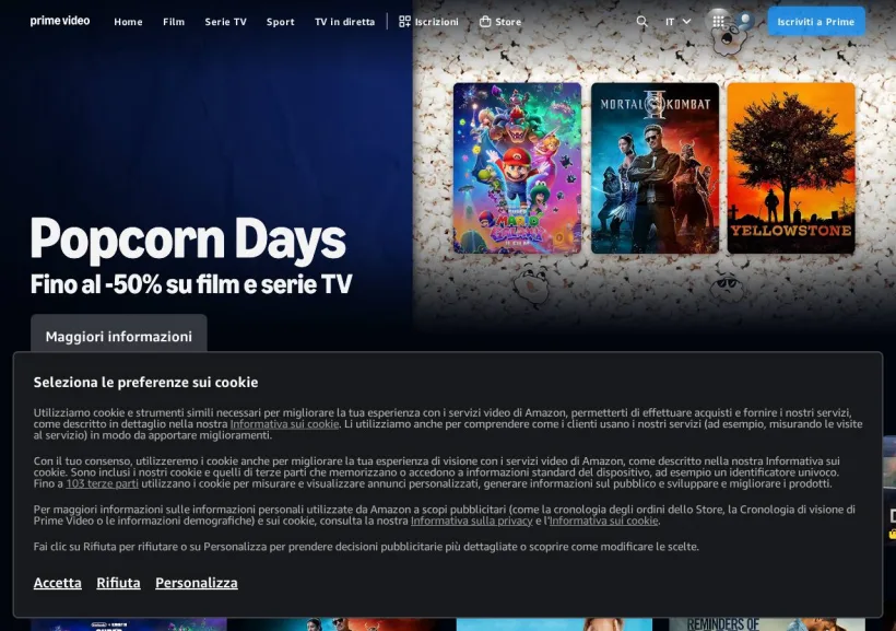 Schermata della pagina offerta di Prime Video