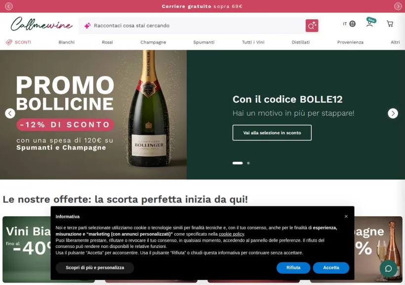 Schermata della pagina offerta di Callmewine
