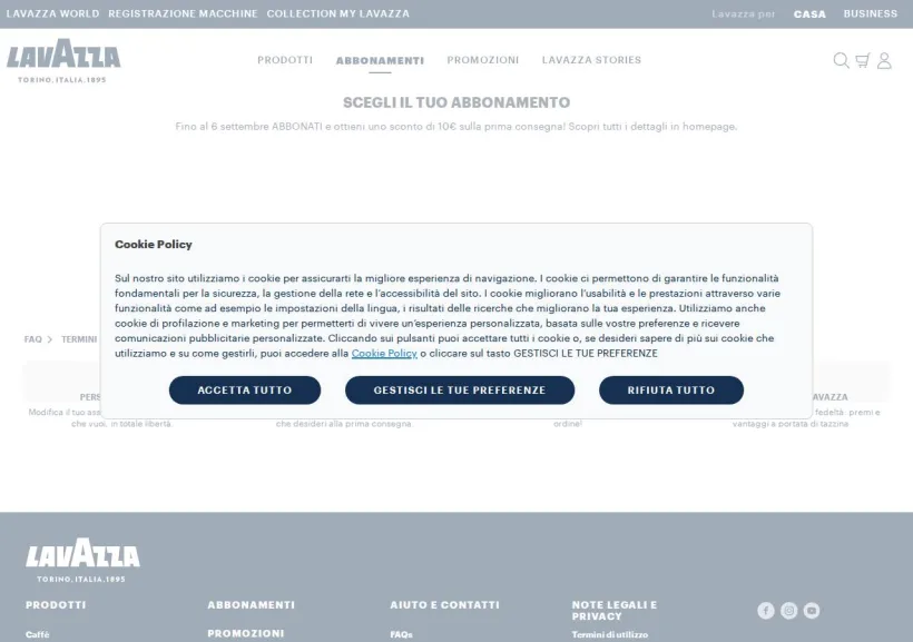 Schermata della pagina offerta di Lavazza