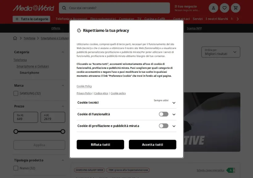 Schermata della pagina offerta di Mediaworld