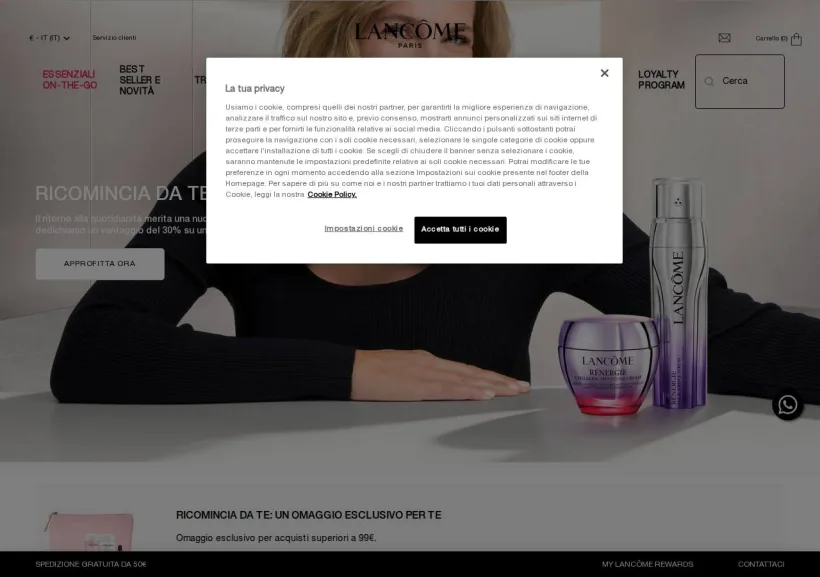 Schermata della pagina offerta di Lancome 