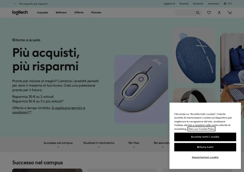 Schermata della pagina offerta di Logitech