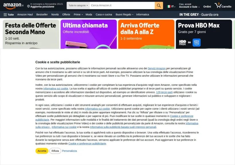 Schermata della pagina offerta di Amazon