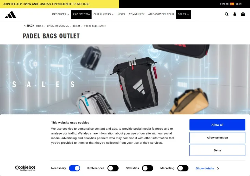 Schermata della pagina offerta di adidas Padel