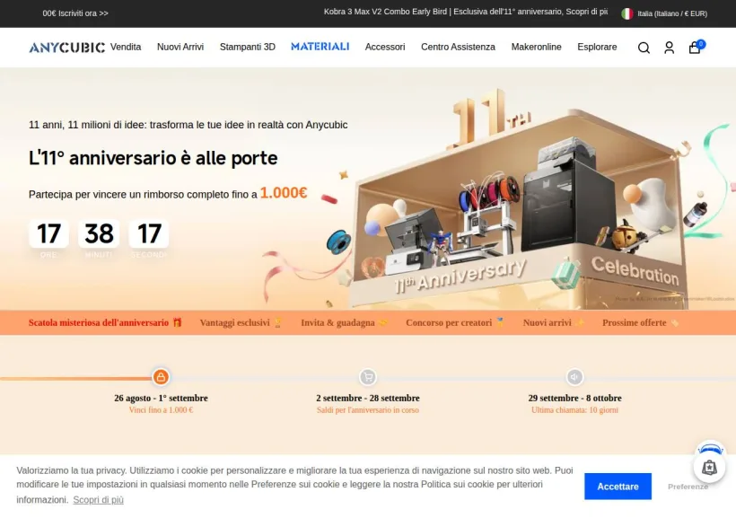 Schermata della pagina offerta di Anycubic