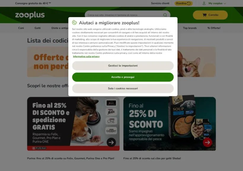 Schermata della pagina offerta di Zooplus