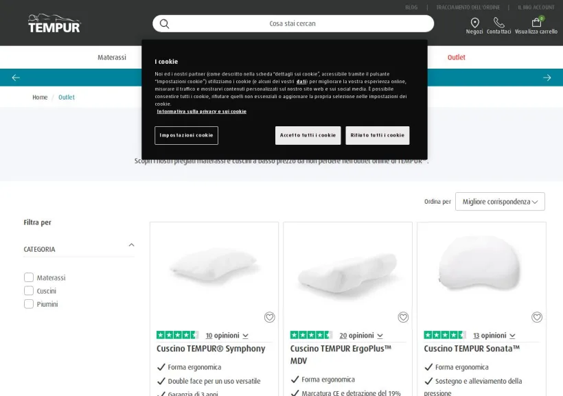 Schermata della pagina offerta di Tempur