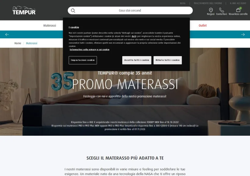 Schermata della pagina offerta di Tempur