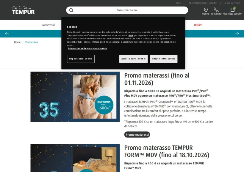Schermata della pagina offerta di Tempur
