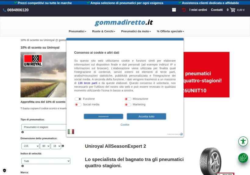 Schermata della pagina offerta di Gommadiretto