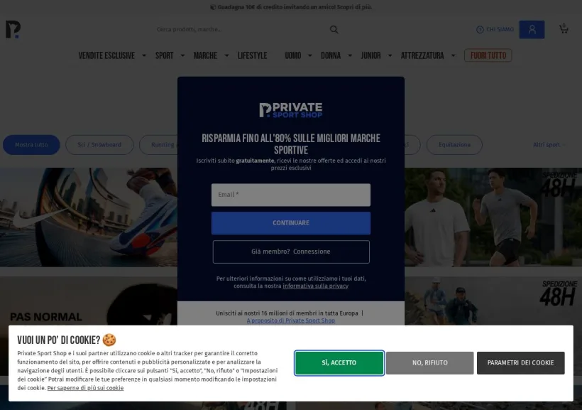 Schermata della pagina offerta di Private Sport Shop