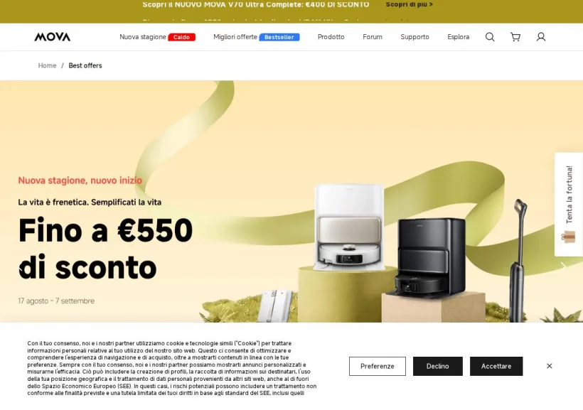 Schermata della pagina offerta di Mova