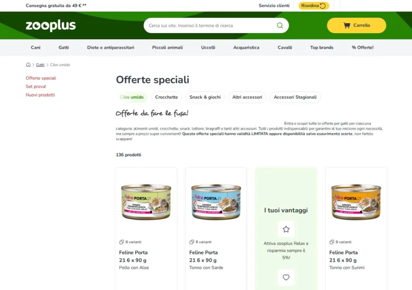 Schermata della pagina offerta di Zooplus