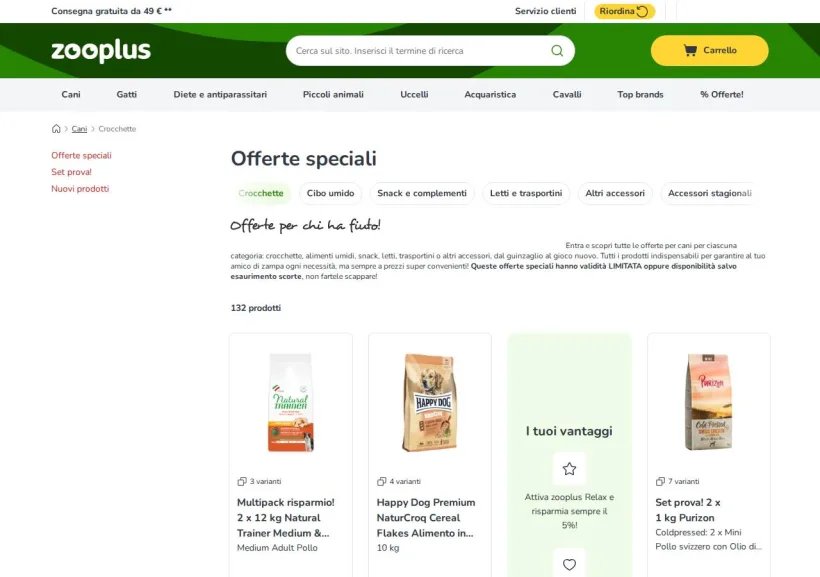 Schermata della pagina offerta di Zooplus