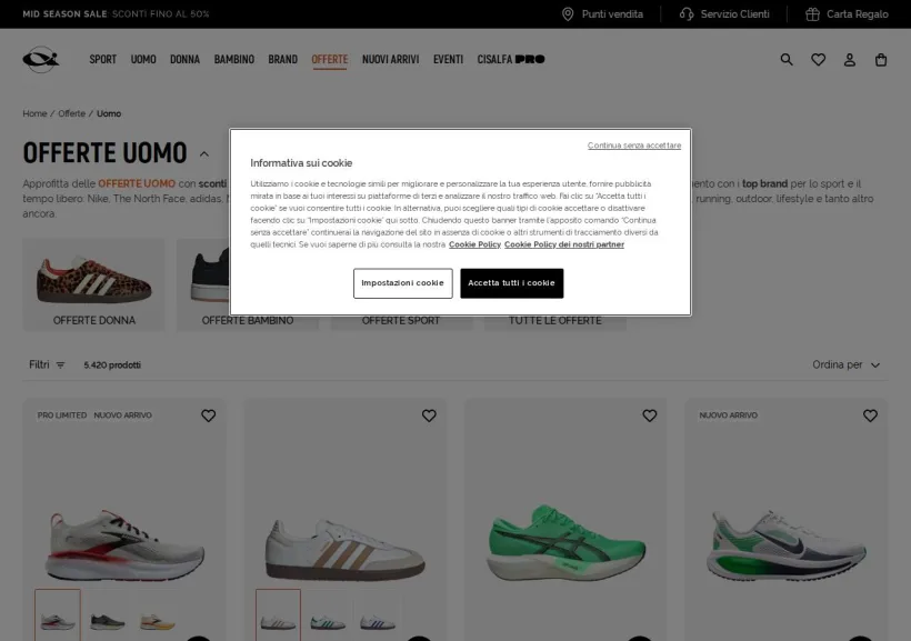 Schermata della pagina offerta di Cisalfa