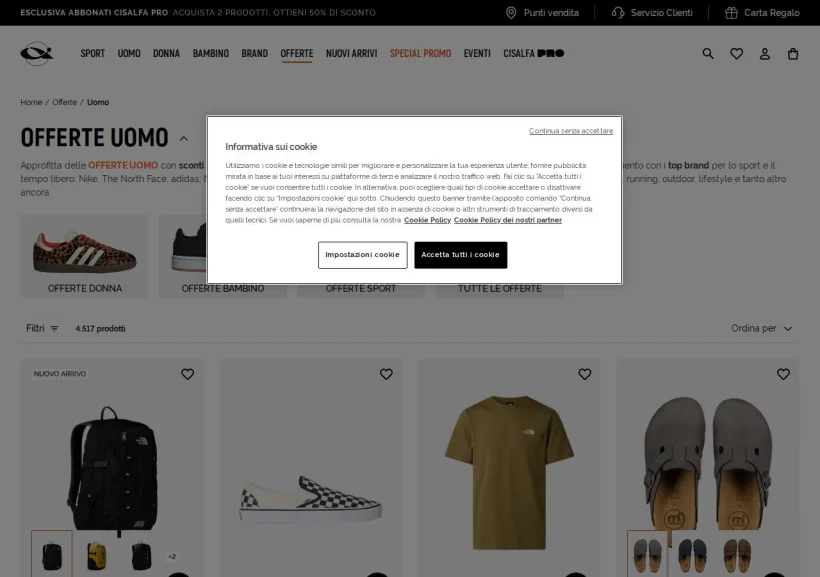 Schermata della pagina offerta di Cisalfa