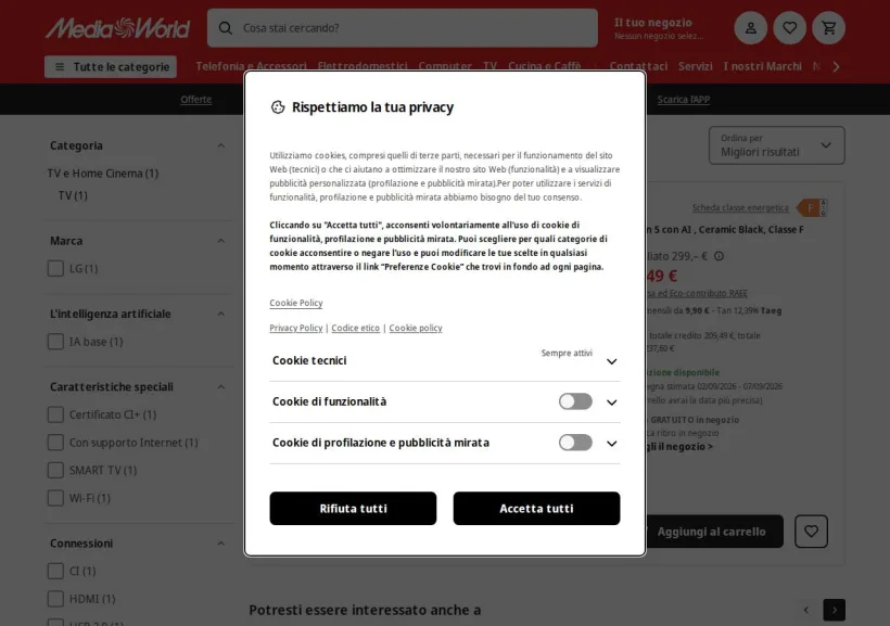Schermata della pagina offerta di Mediaworld
