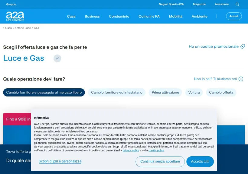 Schermata della pagina offerta di A2A Energia