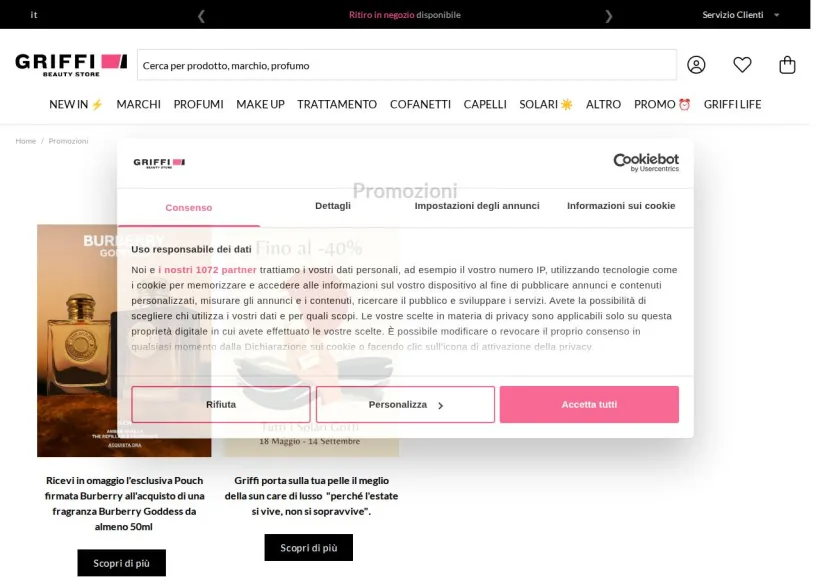 Schermata della pagina offerta di Griffi