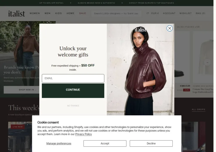 Schermata della pagina offerta di Italist