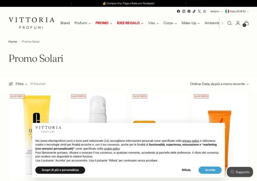 Schermata della pagina offerta di Vittoria Profumi