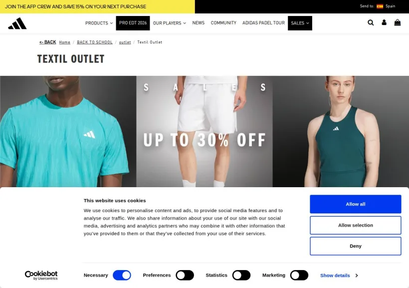 Schermata della pagina offerta di adidas Padel