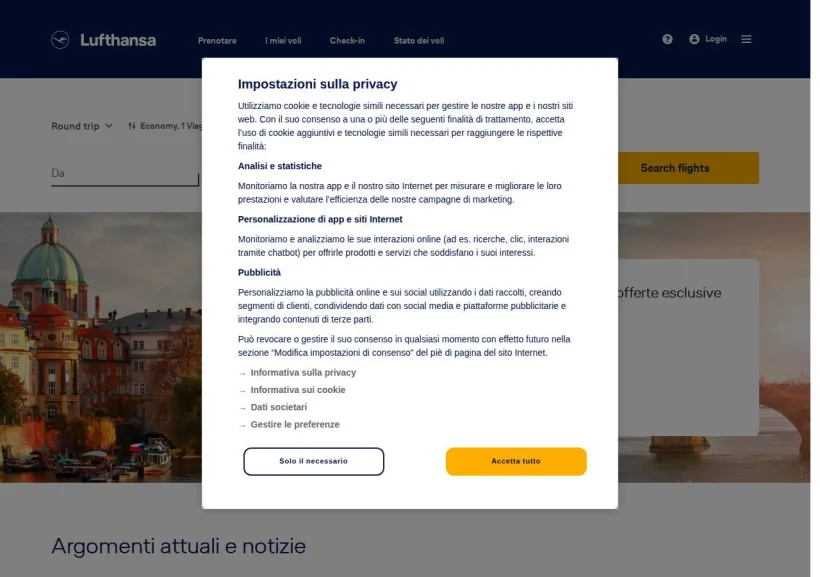 Schermata della pagina offerta di Lufthansa
