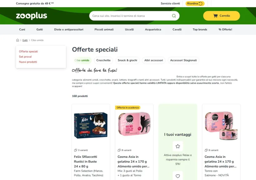 Schermata della pagina offerta di Zooplus