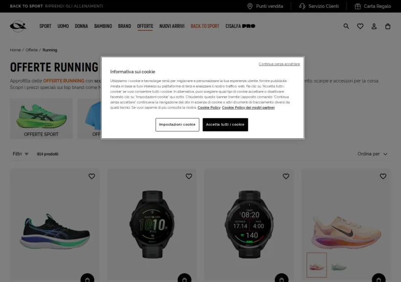 Schermata della pagina offerta di Cisalfa